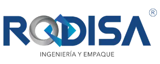 Logotipo RODISA con letras azules y grises, O circular. Eslogan: Ingeniería y empaque.