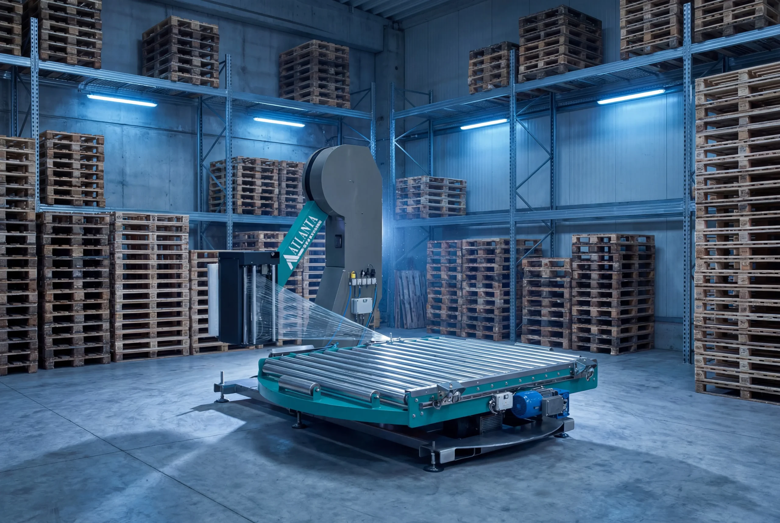 Una fábrica industrial con pilas de palés de madera en estanterías y una gran envolvedora automatizada con una cinta transportadora en el centro, iluminada por luces azules en el techo.