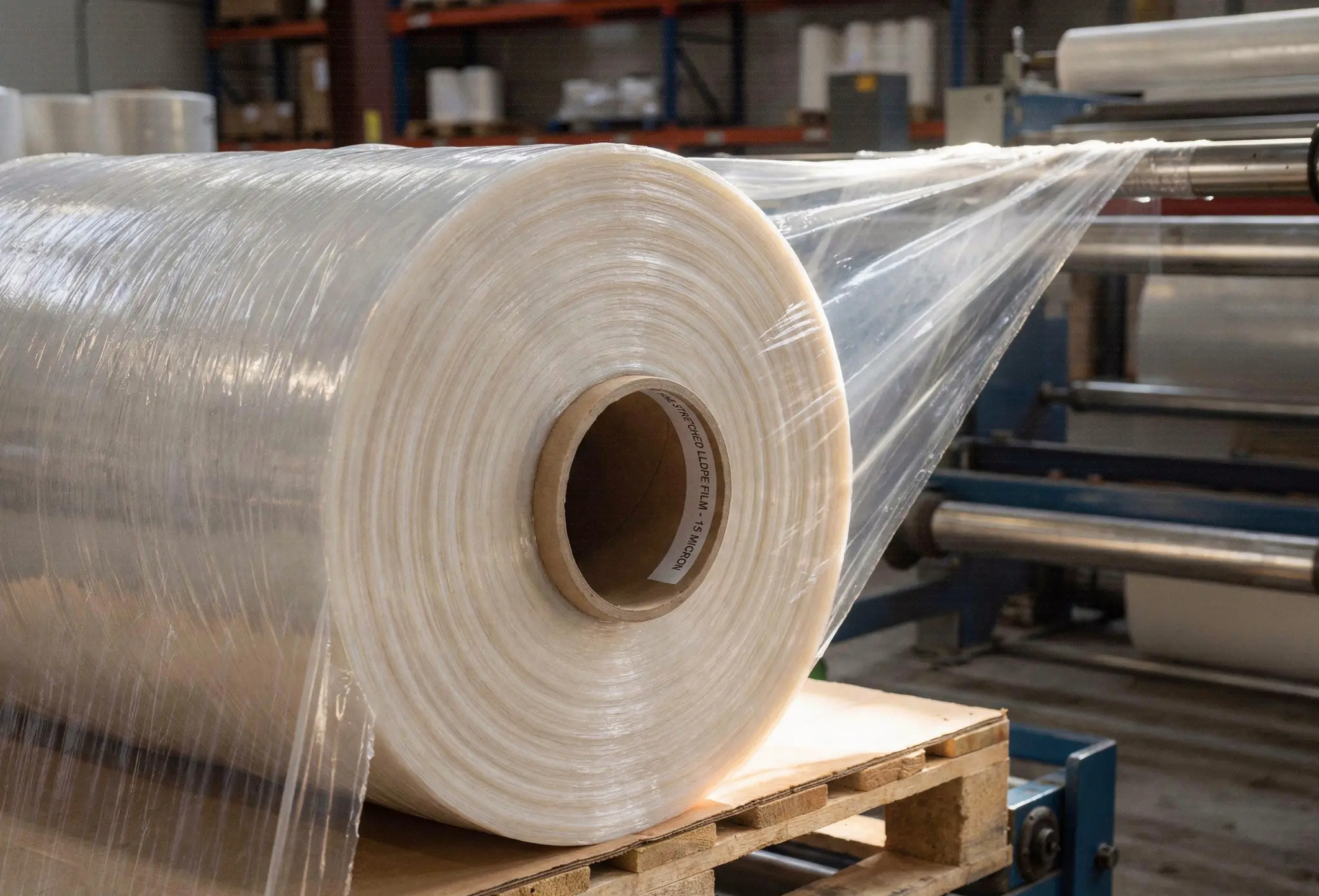 Un gran rollo de película de plástico transparente se desenrolla sobre un palé en un almacén industrial, con maquinaria y estanterías visibles al fondo.