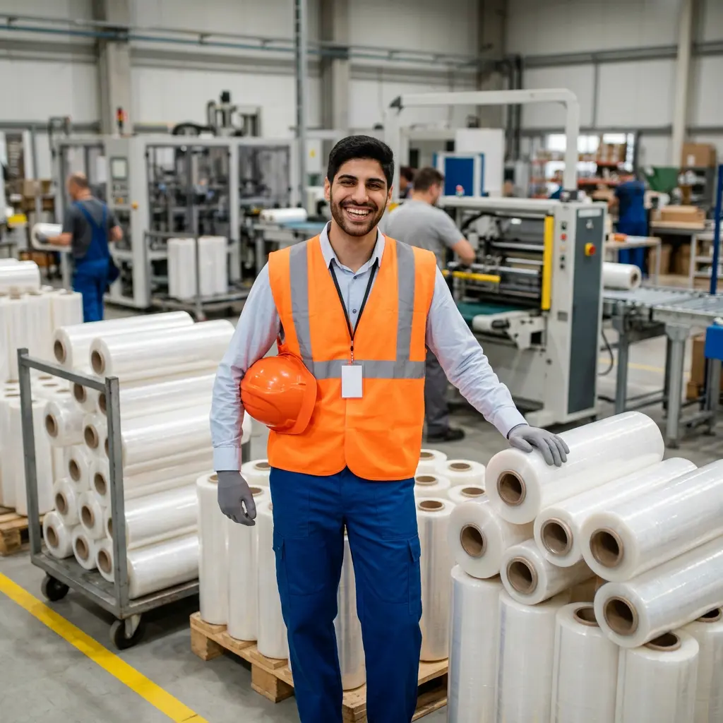 Hombre con chaleco naranja y casco bajo el brazo, de pie entre carritos con rollos de playo dentro de planta de fabricación