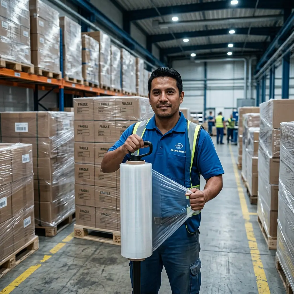 Trabajador con chaleco reflejante sosteniendo dispensador de playo con rollo montado, entre pasillos de tarimas envueltas con film estirable