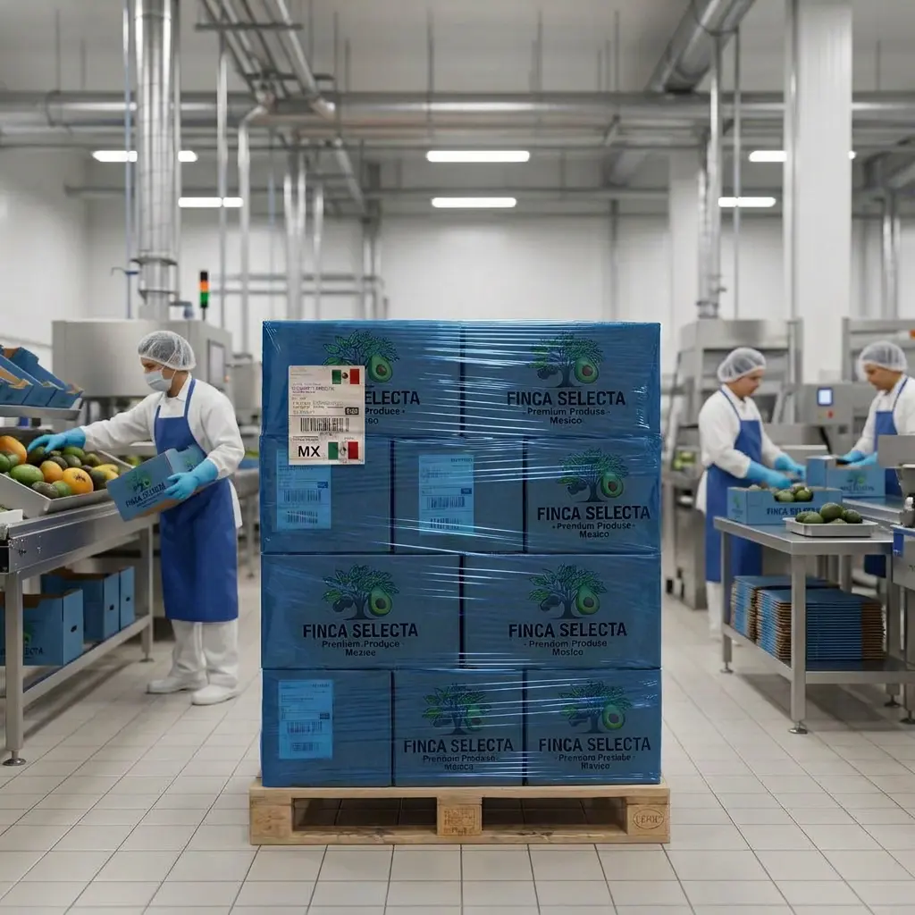 Tarima de cajas de aguacate envuelta en film estirable azul, junto a personal seleccionando fruta en mesas de proceso al fondo