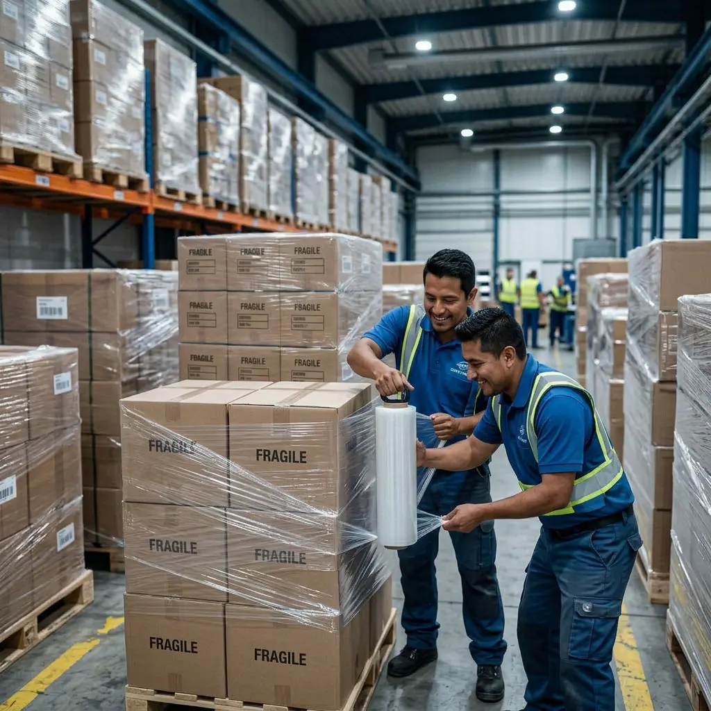 Dos trabajadores aplicando playo en conjunto sobre tarima de cajas marcadas como frágiles, dentro de bodega con racks al fondo