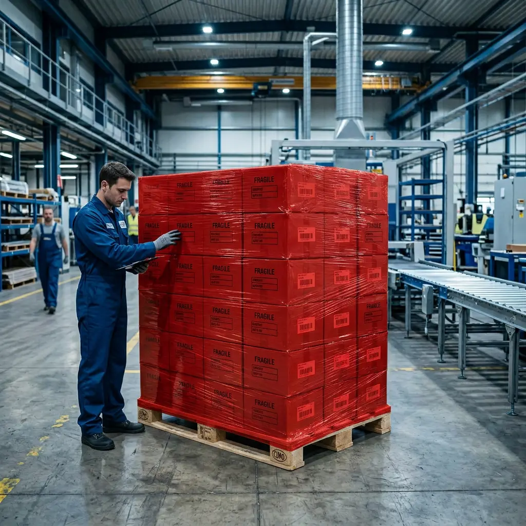 Trabajador revisando tarima de cajas con playo de color rojo con etiqueta frágil envuelta en film estirable, en planta con banda transportadora al fondo