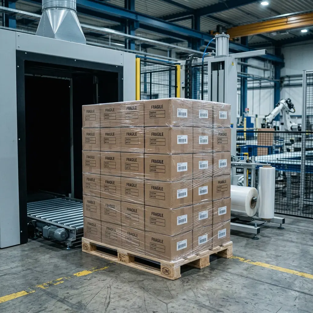 Tarima de cajas frágiles envuelta en playo junto a estación de emplayado automático con brazo robótico, en planta industrial