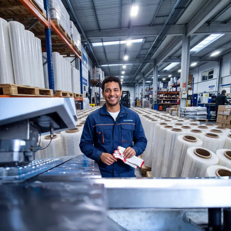 Trabajador de planta sonriendo frente a rollos de película stretch apilados en tarimas, dentro de un almacenamiento industrial y de producción
