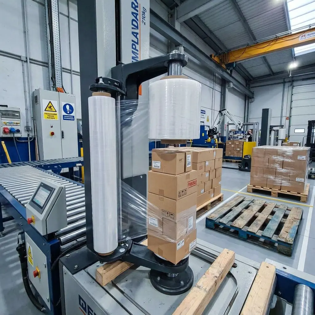 Rollo de playo estirándose sobre una torre de cajas mientras una máquina de brazo giratorio lo aplica en banda transportadora industrial