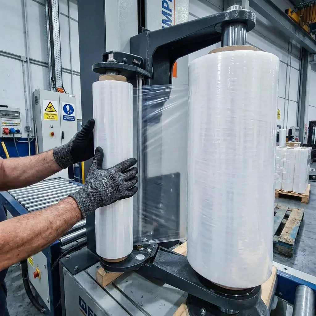 Operador con guantes de seguridad colocando un rollo de playo transparente en el brazo de una emplayadora automática