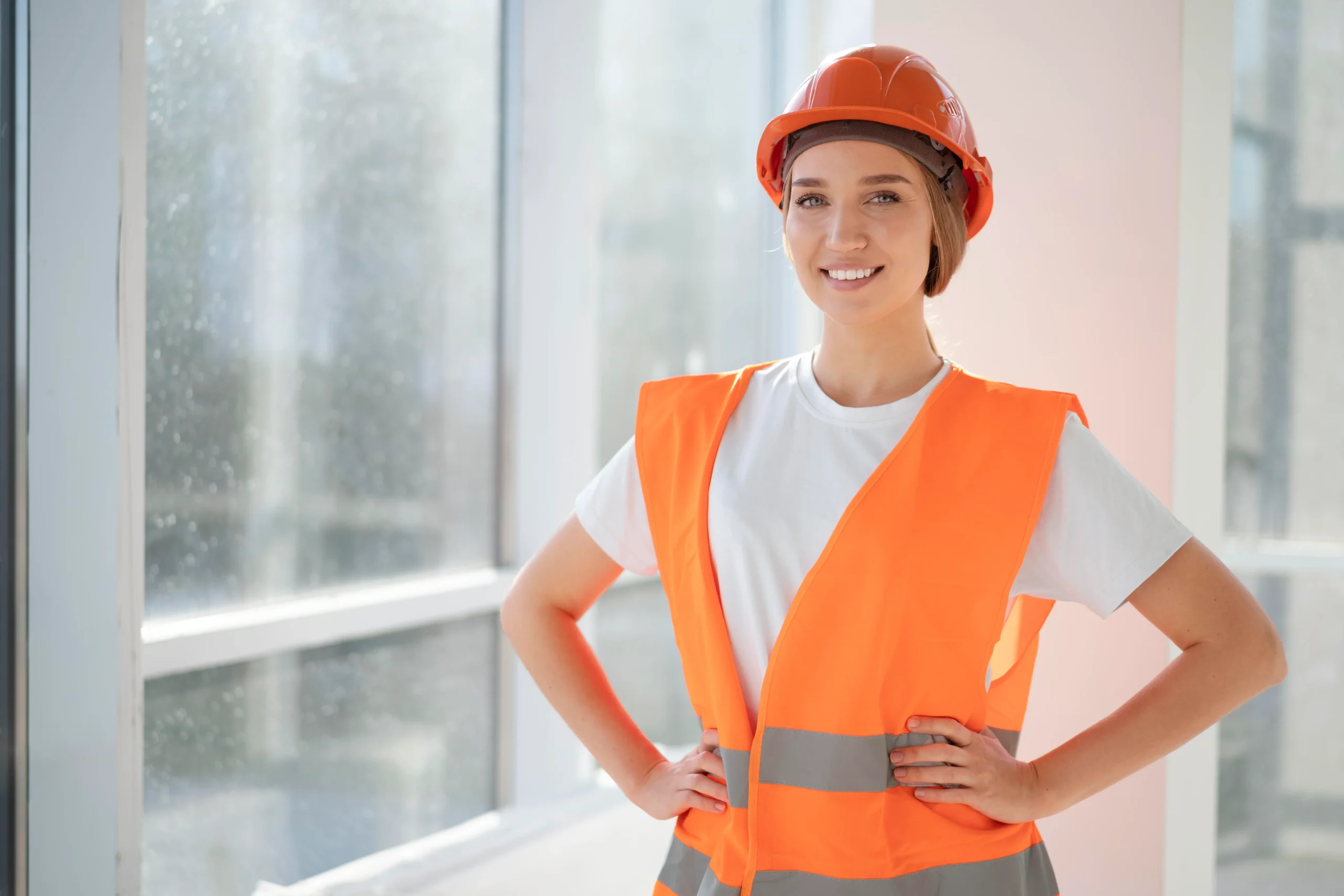 Mujer con casco y chaleco de seguridad naranja, manos en la cintura, de pie frente a ventanales en interior de nave industrial