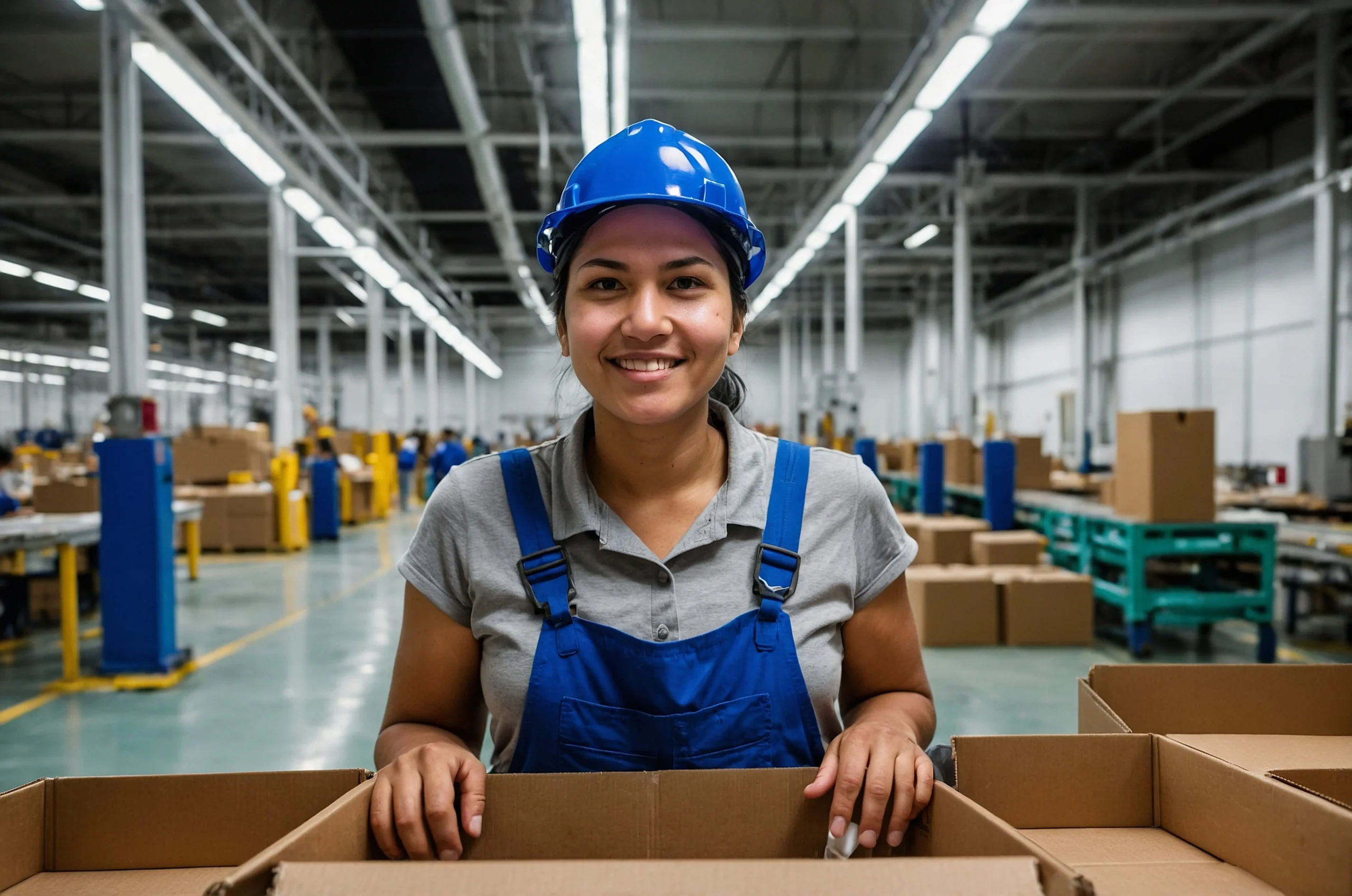 Trabajadora con casco y overol azul sonriendo detrás de cajas de cartón abiertas, en piso de producción con líneas de empaque al fondo