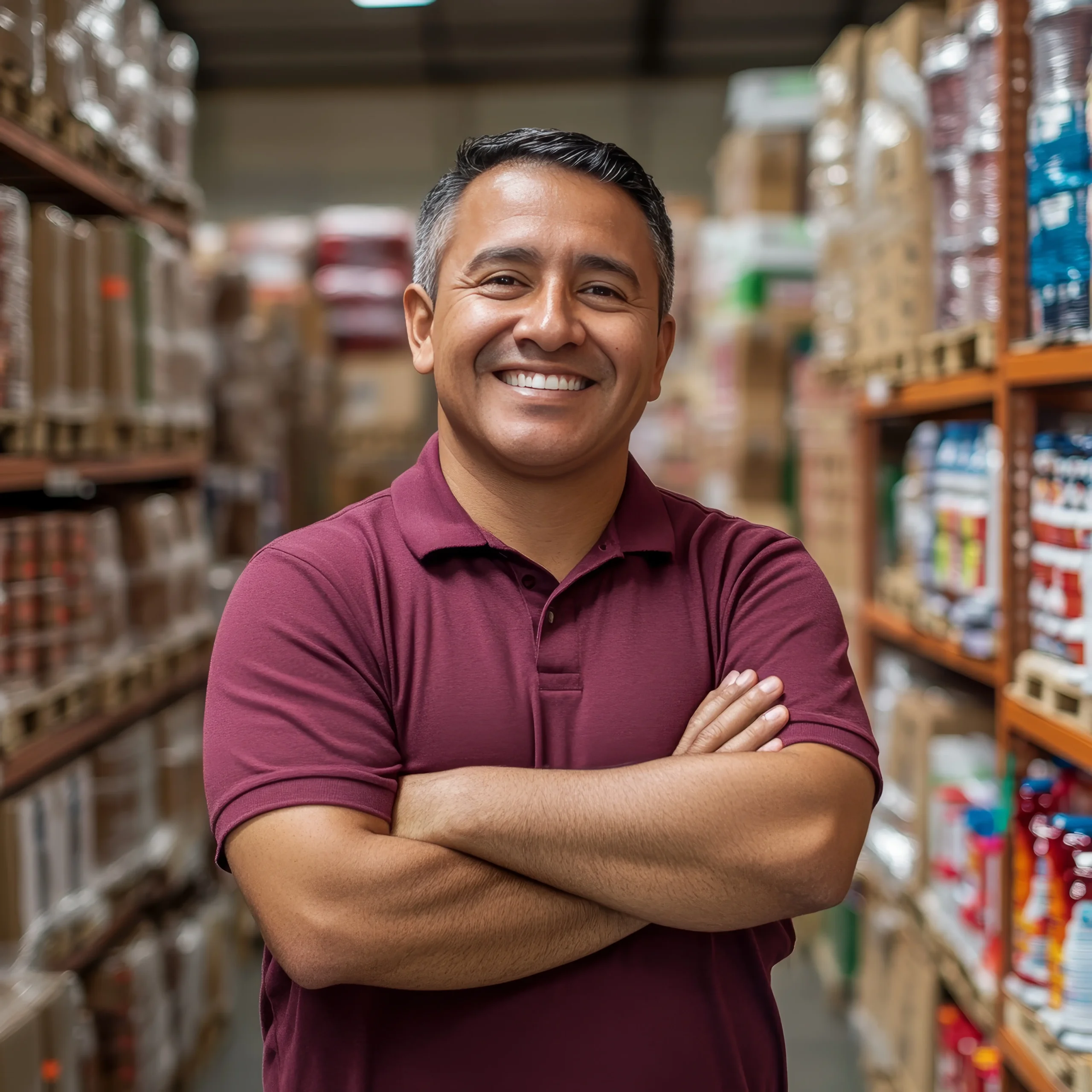 Hombre con brazos cruzados y playera tipo polo, sonriendo entre anaqueles de bodega con productos empacados a los lados