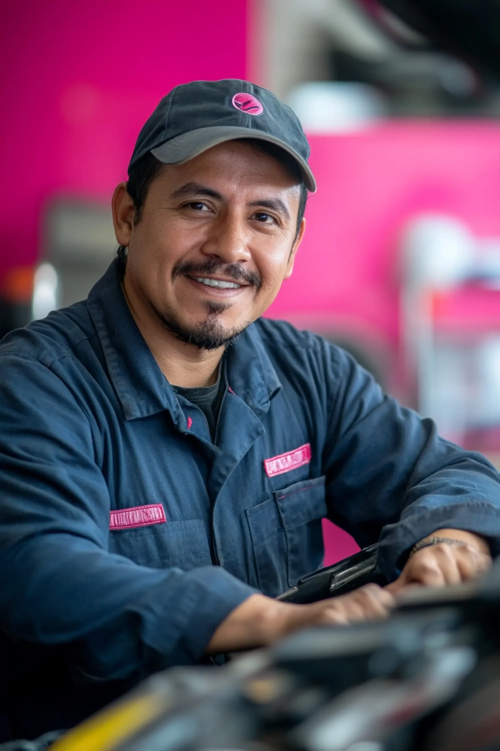 Hombre con gorra y uniforme oscuro sonriendo, con las manos apoyadas sobre equipo de trabajo, fondo de taller en tono rosa
