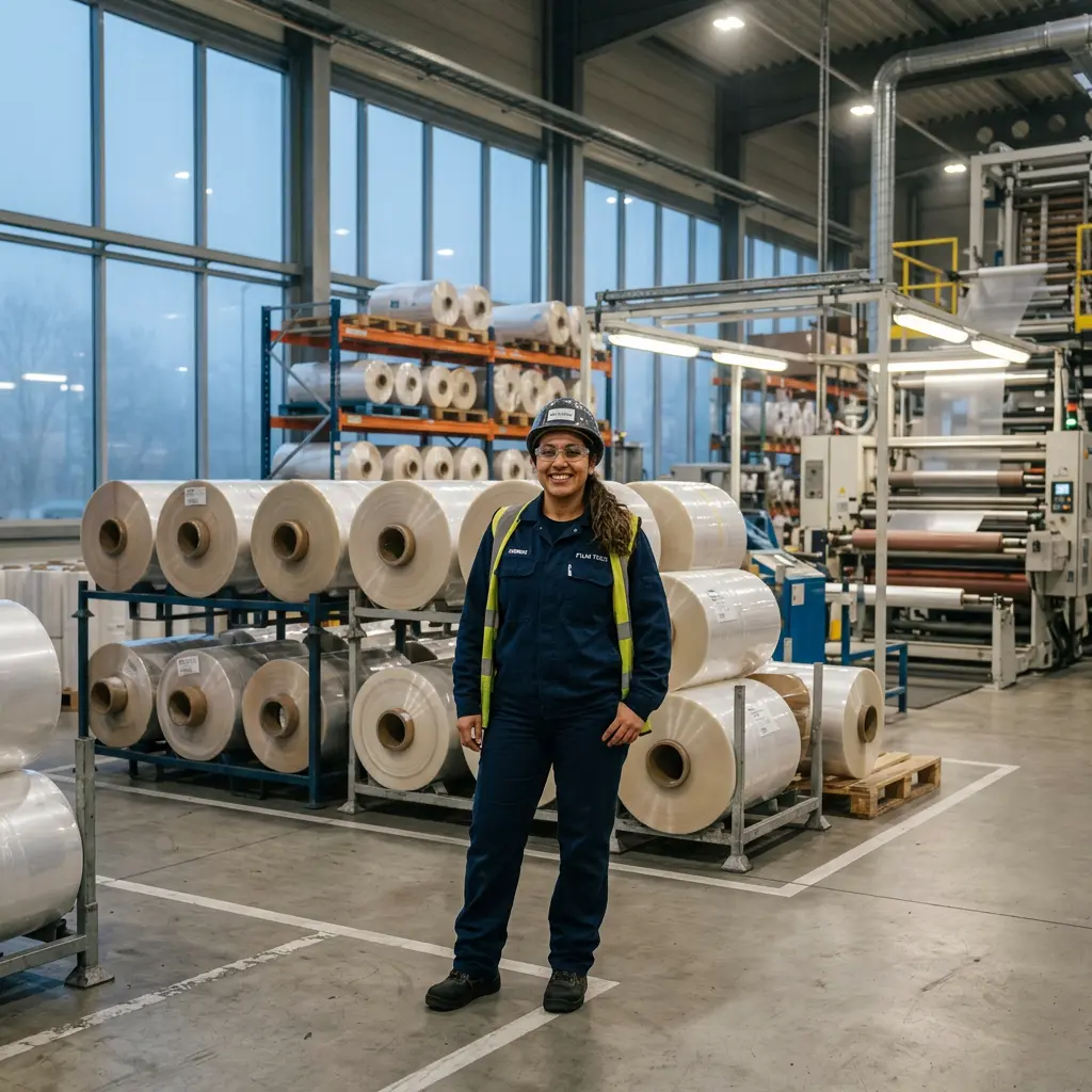 Trabajadora con casco y uniforme de seguridad, de pie frente a estantes con rollos de film y máquinas en planta de producción