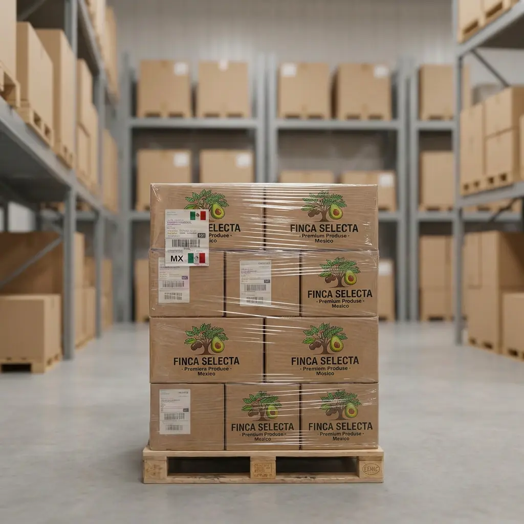 Tarima con cajas de aguacate para exportación envueltas en película stretch, con etiquetas de origen México, dentro de una bodega