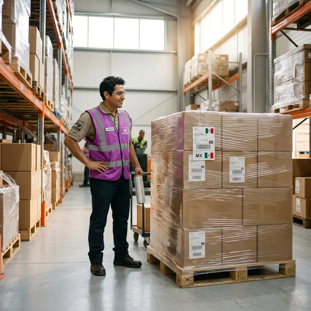 Trabajador con chaleco morado junto a tarima de cajas envuelta en film estirable con etiquetas de exportación a México, dentro de almacén logístico