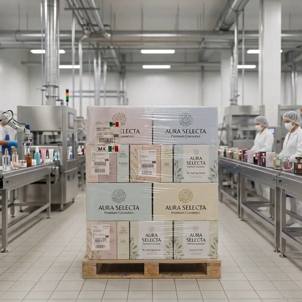 Tarima con cajas de cosméticos envueltas en playo, con etiquetas de origen México, en planta de producción con brazo robótico y personal al fondo
