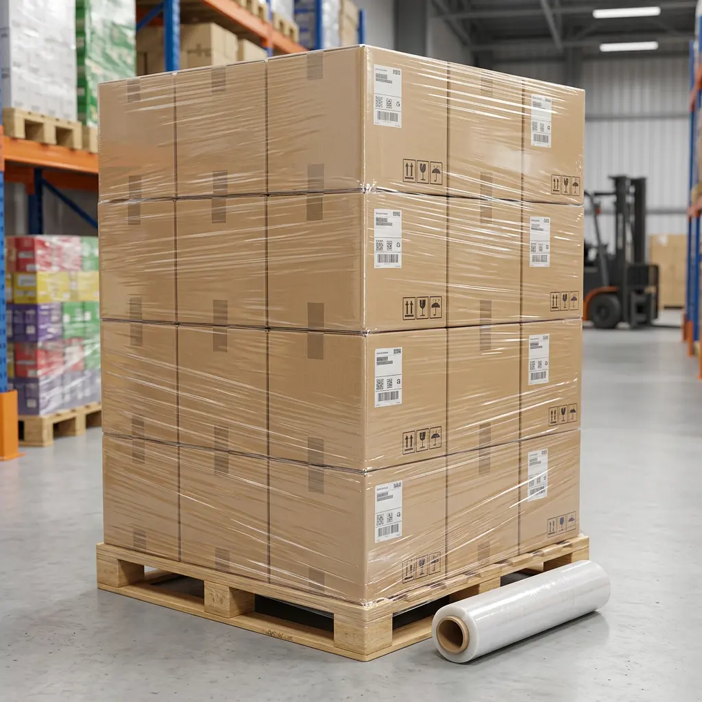 Tarima con cajas de cartón apiladas y envueltas con film estirable, junto a rollo de playo, dentro de un almacén logístico