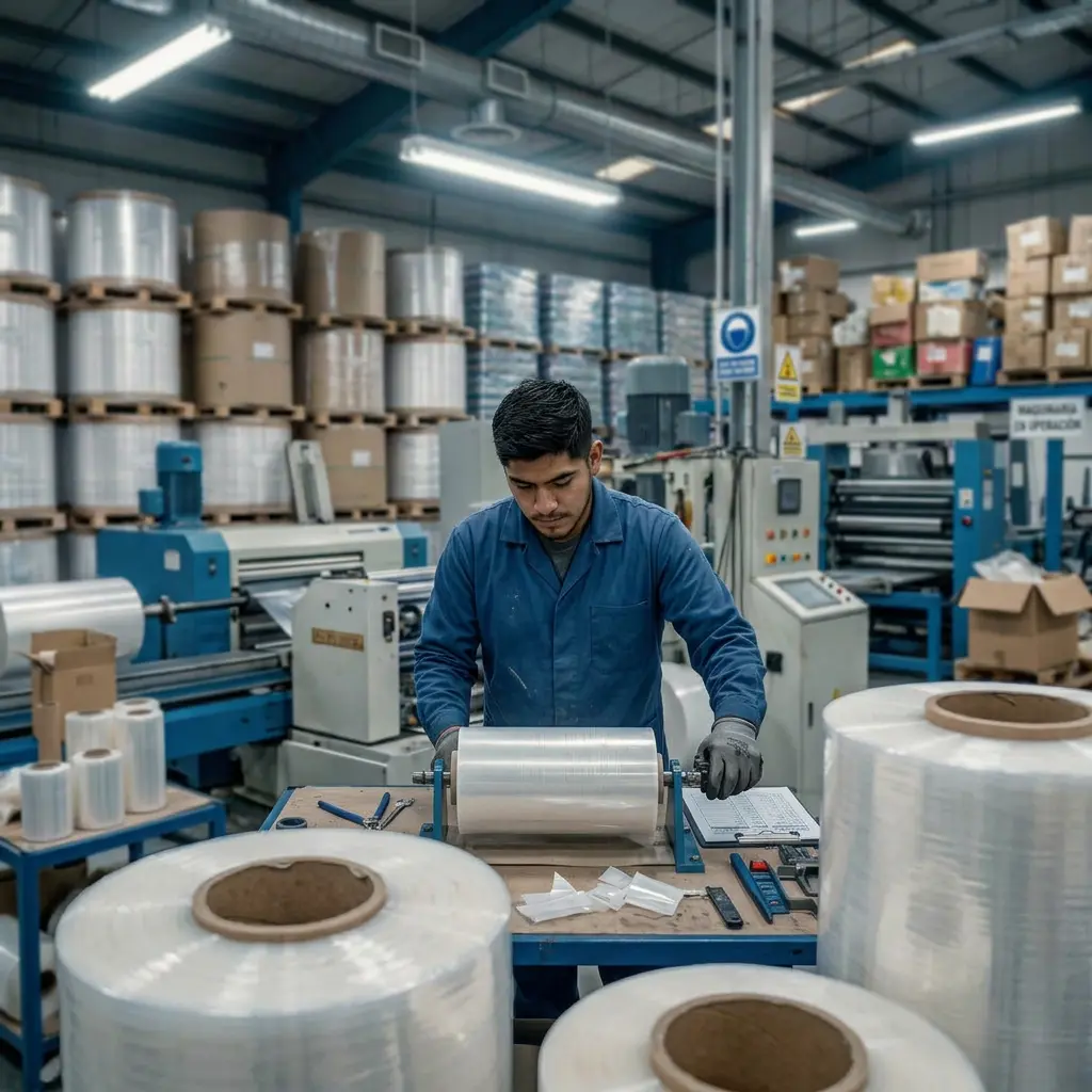Operador con guantes inspeccionando un rollo de playo sobre mesa de trabajo, rodeado de bobinas de película estirable en planta de producción