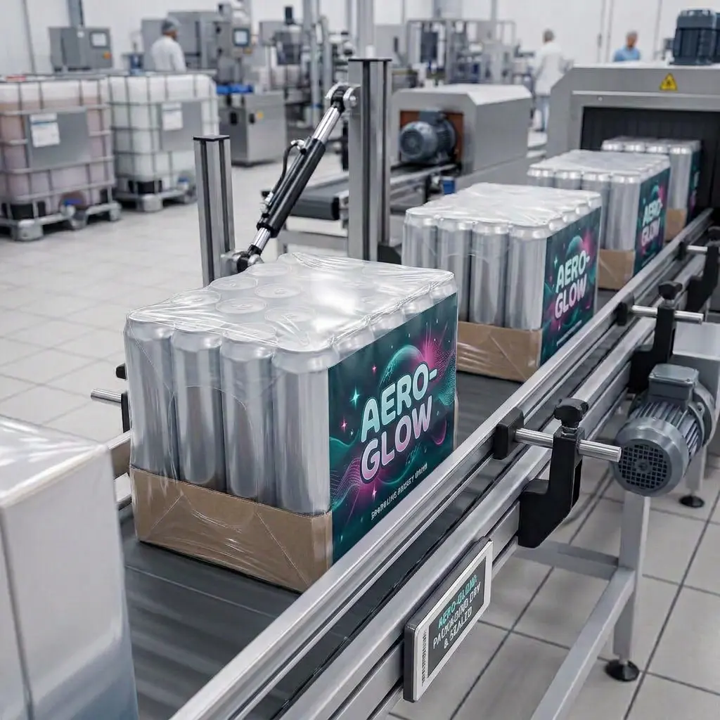 Multipack de latas de bebida sobre base de cartón, envuelto en película termorretráctil transparente, avanzando por banda transportadora industrial