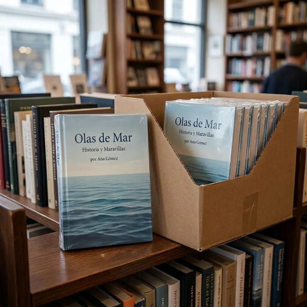 Ejemplar de libros con envoltura de plástico transparente individual, colocado en anaquel de librería junto a una caja con más copias empacadas