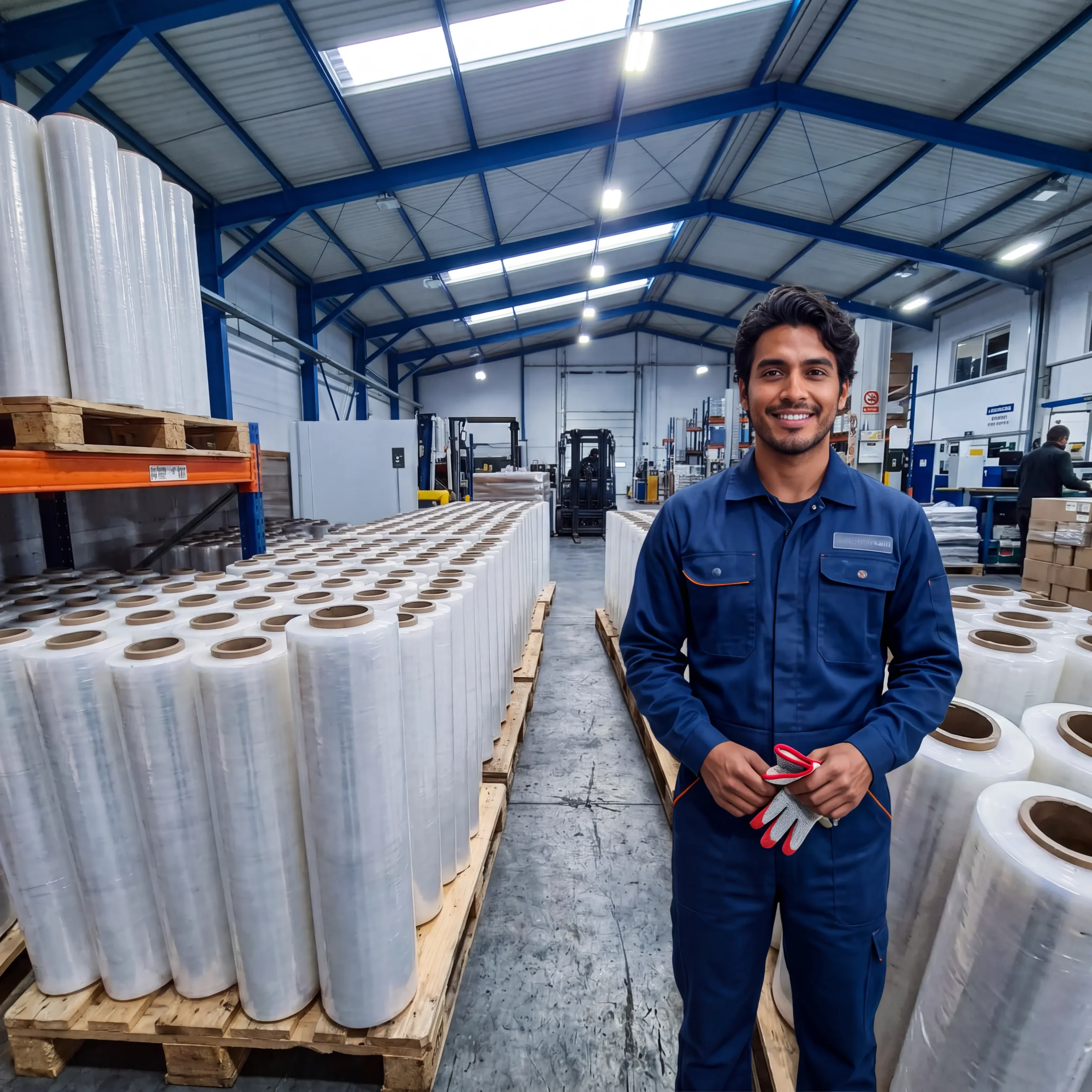 Trabajador con uniforme azul y guantes en mano, de pie entre pasillos de tarimas con rollos de playo apilados en nave de producción