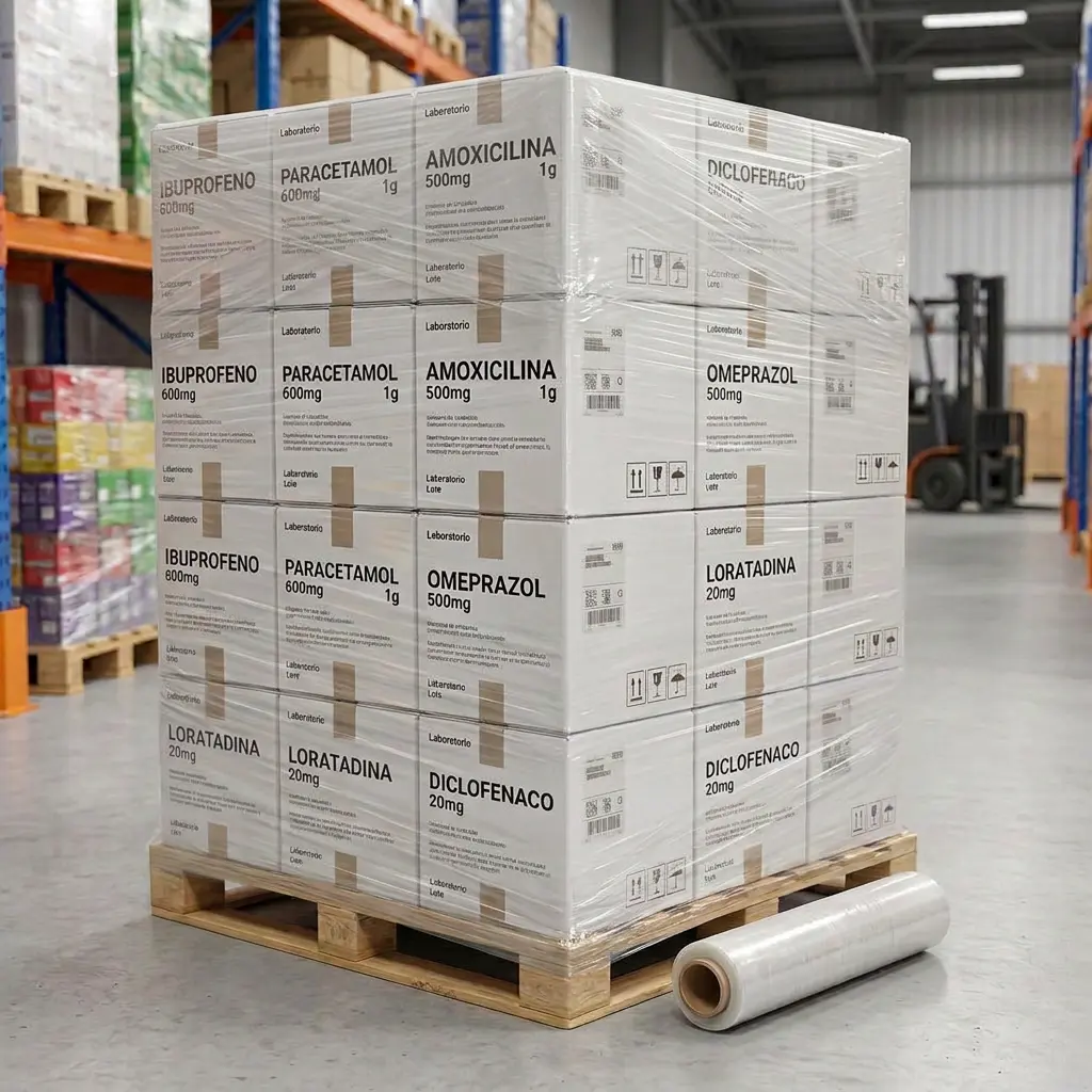 Tarima con cajas de medicamentos envuelta en película stretch, junto a rollo de playo, en almacén de distribución farmacéutica