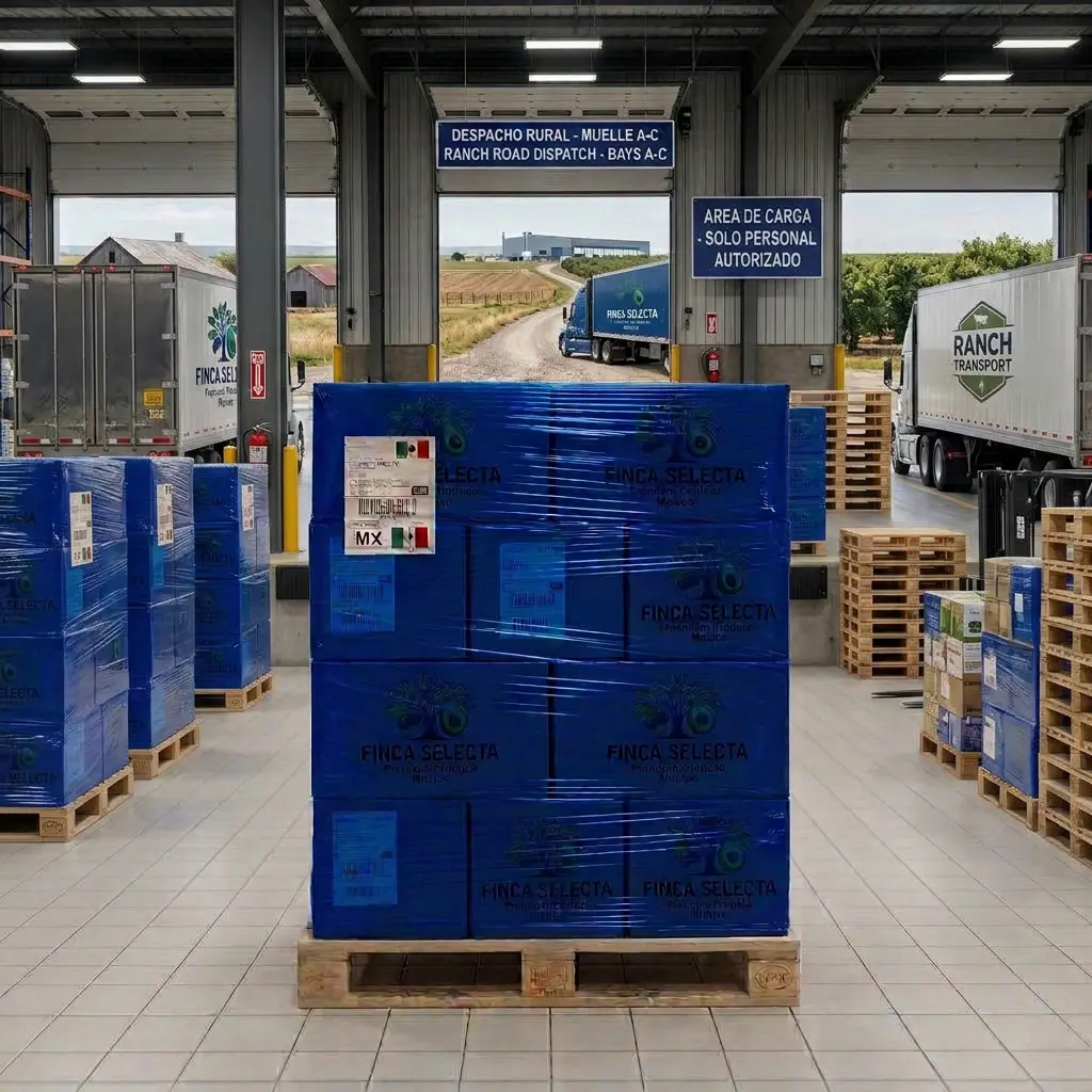 Tarimas de cajas azules envueltas en película stretch, colocadas en andén de carga junto a tráileres listos para distribución
