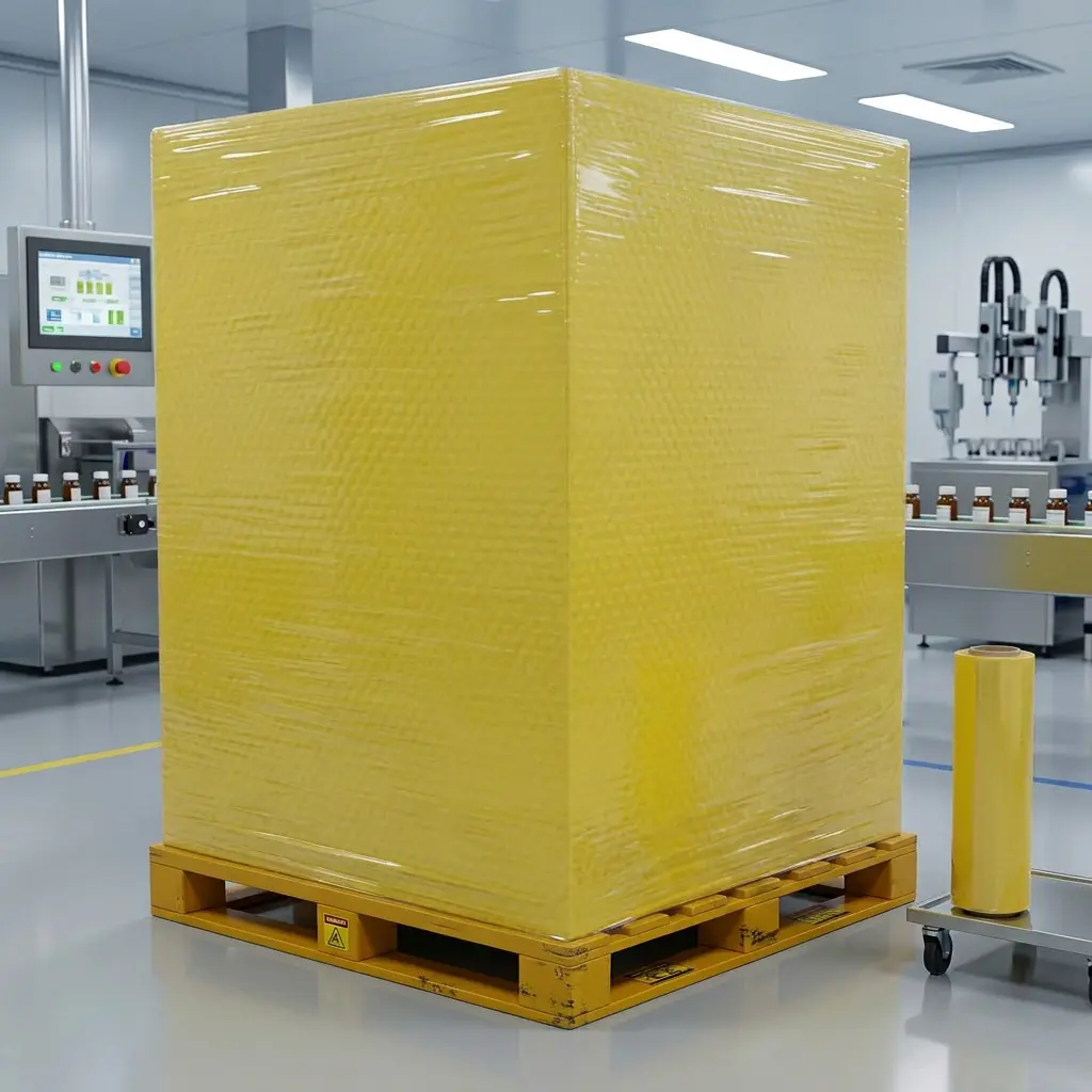 Carga paletizada cubierta con película stretch color amarillo, junto a rollo de playo sobre carrito, en línea de envasado farmacéutico