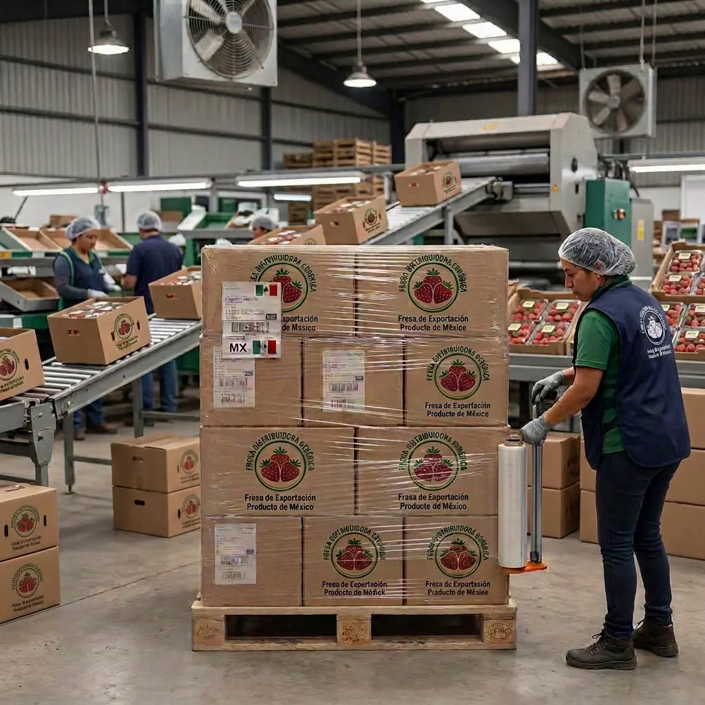 Trabajadora con dispensador de playo envolviendo tarima de cajas de fresa para exportación, en línea de empaque de planta agrícola