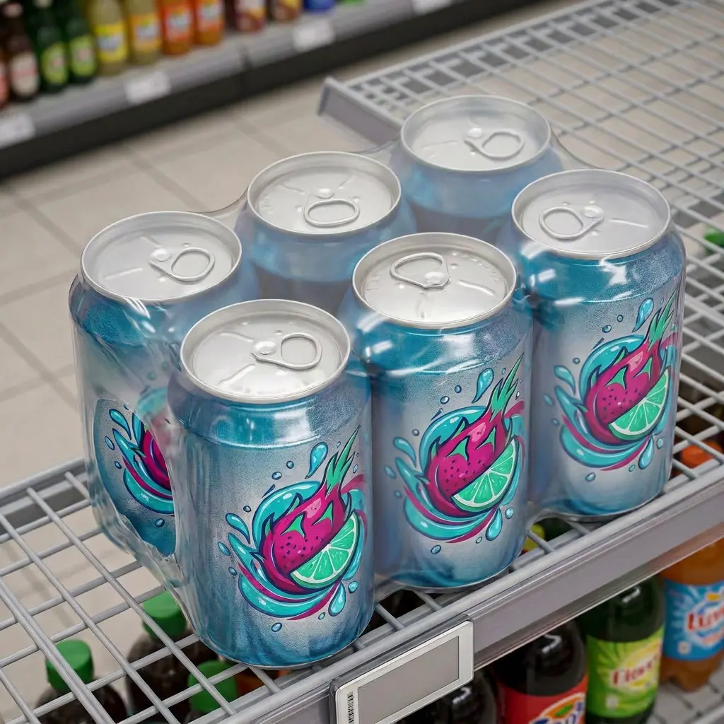 Six-pack de latas de bebida sabor sandía-limón agrupadas con película termorretráctil transparente, exhibidas en anaquel de supermercado