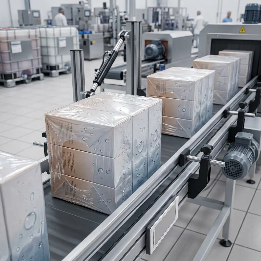 Paquetes de botellas envueltos en película termorretráctil avanzando sobre banda transportadora en planta de embotellado automatizada