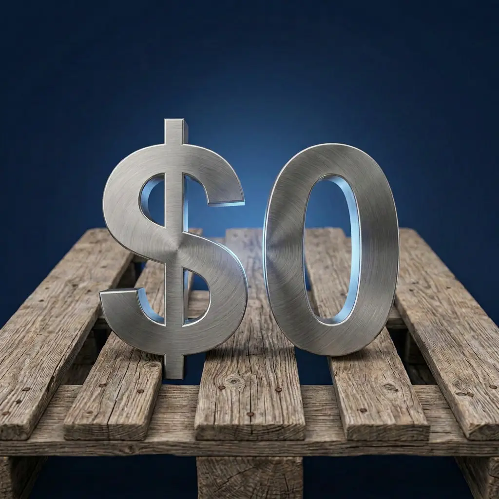 Ilustración con símbolo "$0" en metal cepillado sobre tarima de madera, representando plan de renta o comodato