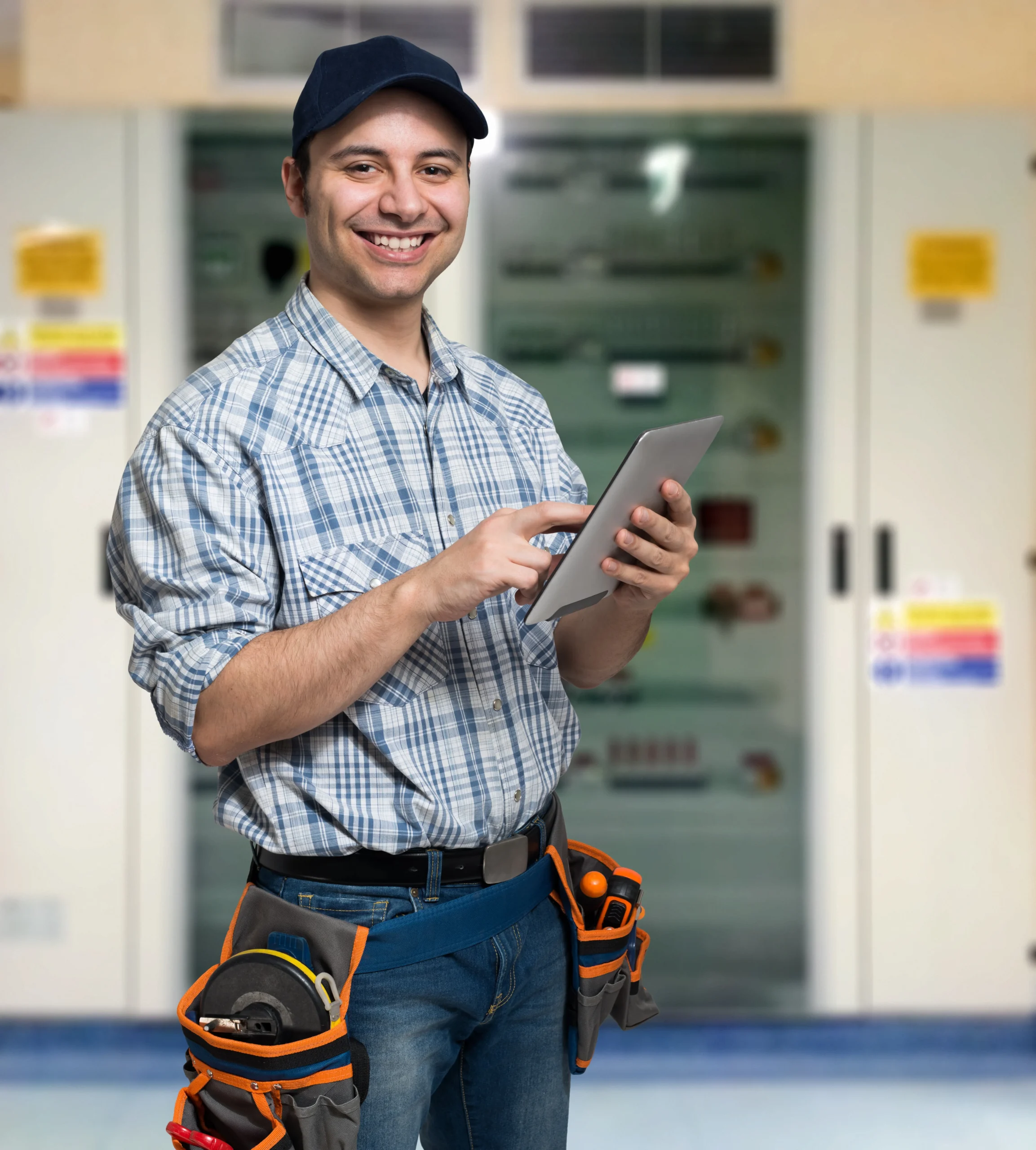 Hombre con gorra y cinturón de herramientas usando una tablet, de pie frente a panel de control eléctrico industrial