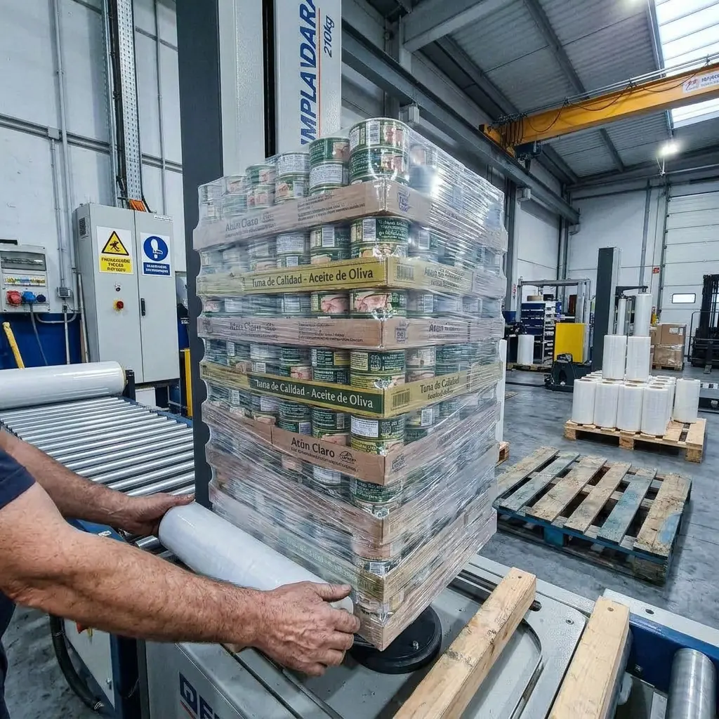 Operador sosteniendo rollo de playo junto a tarima de latas de atún envuelta con film estirable en máquina emplayadora